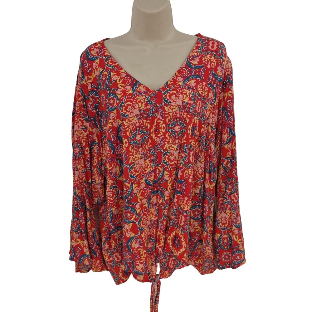 Torrid‎ Tunic Top Women 4 Red Floral V Neck Flare Sleeve Boho Festival Tie Artsy